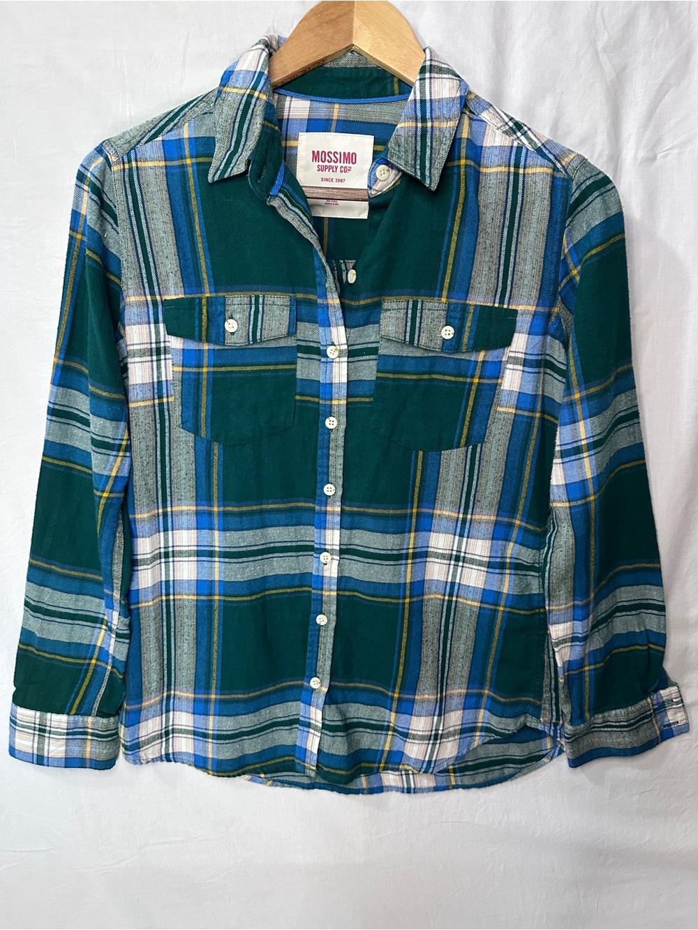 Mossimo Supply Co. Flannel Green Blue Plaid Button-Down Shirt